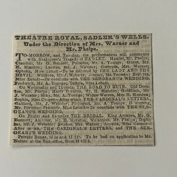 Theatre Royal Sadler's Wells Mrs Warner Mrs. Phelps 1844 London Clipping SAI5-S3